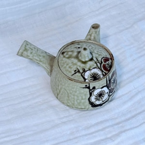 Mid-Century Japanese Kyusu Teapot: Hand-Painted Cherry Blossom Stoneware