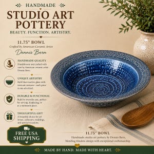Dennis Bern Studio Art Pottery Bowl 11.75 Inch | Handmade Blue Ceramic Serving Bowl | Signed American Pottery | Free Shipping