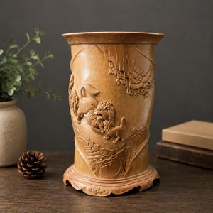 May include: A cylindrical light brown wooden brush pot featuring intricate relief carvings of two guardian lions playing amidst stylized clouds and rocky terrain. The vessel has a flared rim and a decorative base with carved floral details.