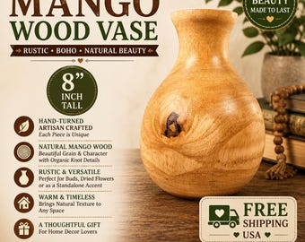 Hand Turned Mango Wood Vase 8” | Natural Wood Bud Vase | Rustic Boho Organic Modern Home Decor | Artisan Wooden Vase