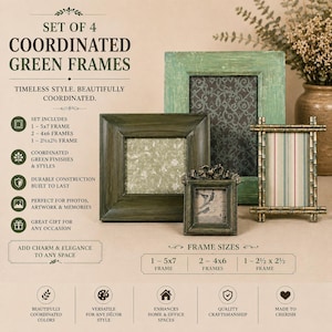 May include: A set of four coordinated green picture frames in various sizes and styles. The set includes one 5x7 frame, two 4x6 frames, and one 2.5x2.5 frame. The frames feature different green finishes, textures, and patterns, including a bamboo-style frame.