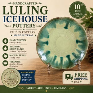 May include: A round ceramic plate with a light green center and dark green drip glaze around the scalloped edges. The plate measures approximately 10 inches in diameter and features a stamped maker's mark on the bottom with the text Luling Icehouse Pottery.