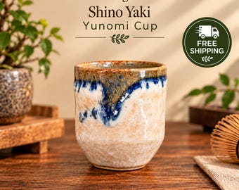 Shino Yaki Yunomi Tea Cup 3.5 Inch | Japanese Style Glazed Pottery | Blue and Cream Ceramic Tea Cup