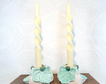 Capistrano Ceramic Taper Candle Holders Pair Vintage California Pottery Shell Coastal Decor Aqua White Candleholders