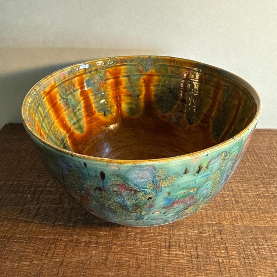 Studio Pottery Bowl, Hand Thrown Art Pottery, Drip Glaze Stoneware Bowl ...