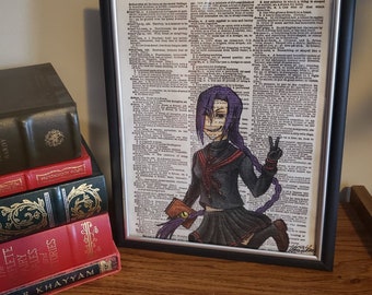 Magane from Re:Creators Handmade Colored Pencil Drawing on Dictionary Page