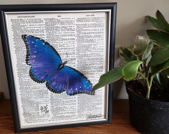 Realistic Purple Monarch Butterfly Hand Drawn on Dictionary Page with Colored Pencil Art