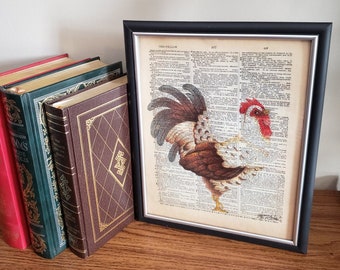 Realistic Spotted Brown & White Rooster Hand Drawn on Dictionary Page with Colored Pencils Farmhouse Art