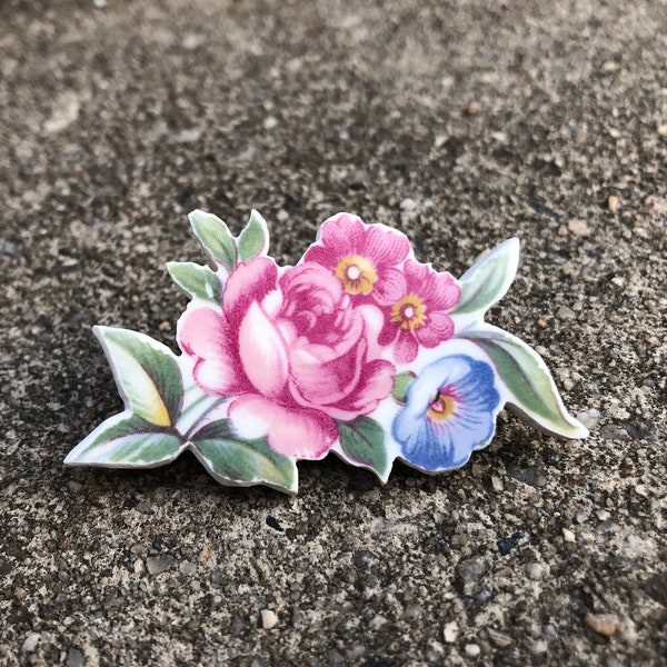 Rose and Petunia Floral Repurposed Dish Brooch