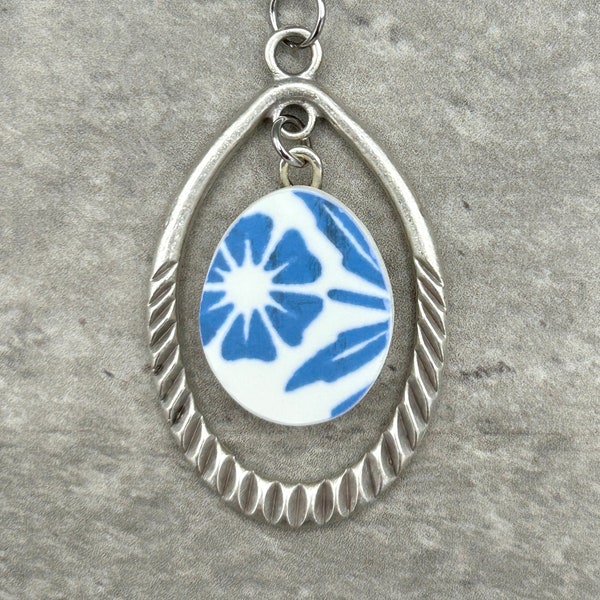 Blue Cornflower Corning Ware Pendent with Silver Plated Charm on a Stainless Steel Chain