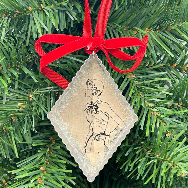 1950's Lady Christmas Ornament Made From a Diamond Cookie Cutter and a Damaged Vintage Magazine