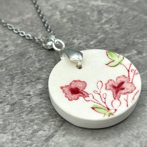 Pink and Green Floral Transfer Ware Broken Dish Pendent
