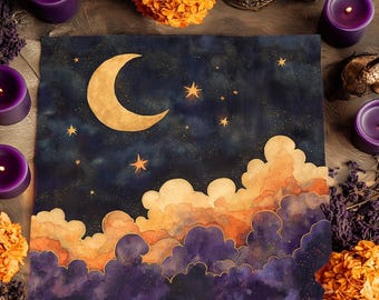 Celestial Tarot Cloth: Autumn Moon Altar Decor, Moon Tapestry