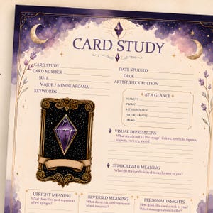 May include: A printed card study worksheet featuring a purple and gold celestial theme with moon illustrations. The page includes sections for card details, keywords, an at a glance box, visual impressions, symbolism, and upright or reversed meanings.