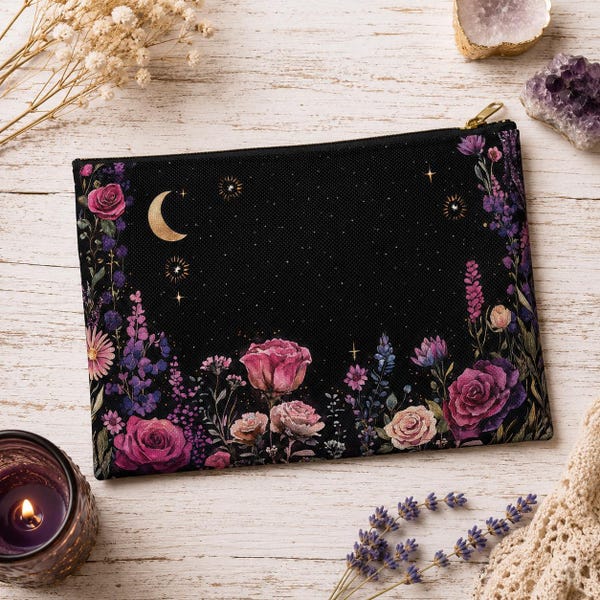 Floral Tarot Bag | Moon Rose Pouch | Witchy Crystal Storage (8.4 x 6 inches)