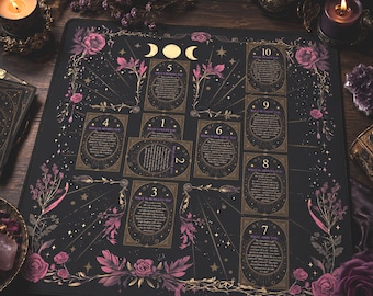 May include: A black tarot mat with a floral and celestial design. The mat features a layout with ten numbered card positions, adorned with gold accents and pink floral illustrations. The text "TAROT BEAUTIFULLY" is at the bottom.