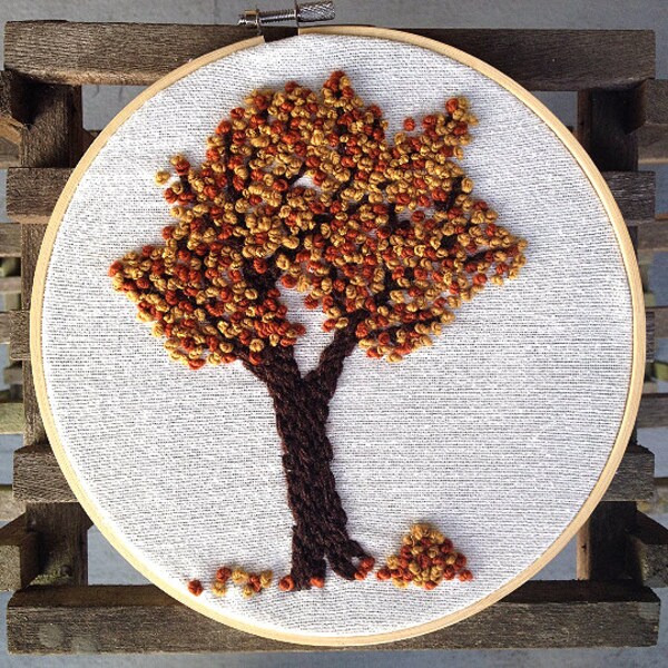 Hand Embroidered Fall Tree || wall hoop art nature hanging themed embroidery yarn gift forest scenery under decor handmade