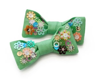 Cotton Bow Clip with Sequin Sequin Hair Bow in Green Pig Tail Bow Set