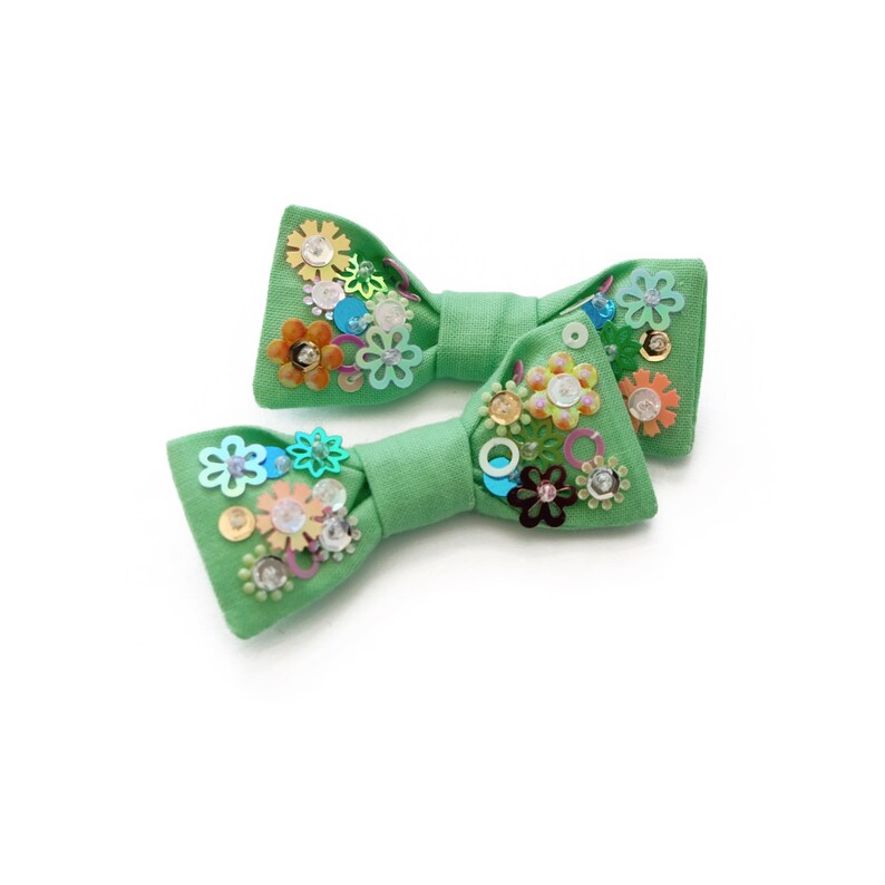 Cotton Bow Clip with Sequin Sequin Hair Bow in Green Pig Tail Bow Set