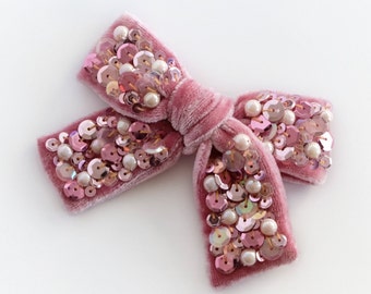 Pink sequin hair bow with pearls - Velvet bow barrette - Couture bow for girls and women