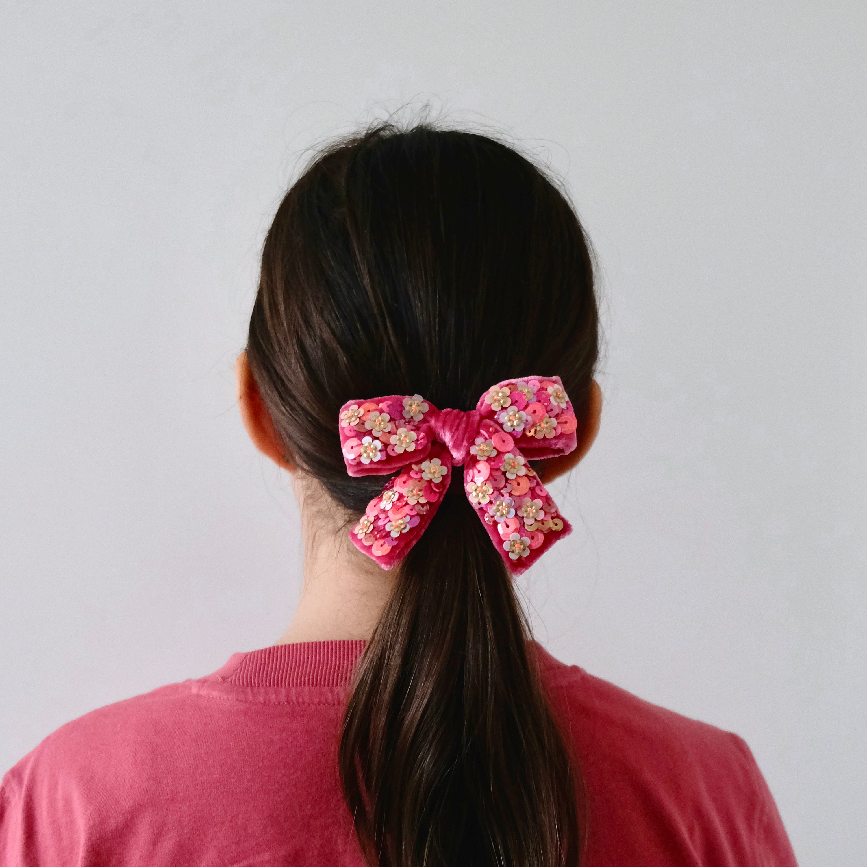 Raspberry Red Velvet Hair Bow Embellished With Pink, Orange and Gold ...