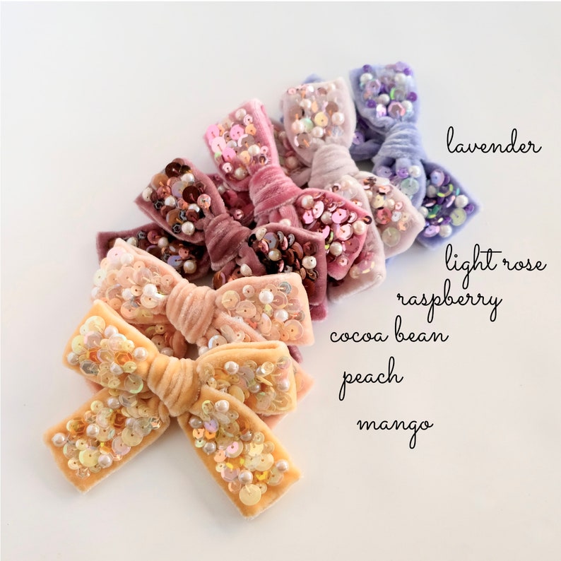 New Sequin & Pearls hair bow collection available in yellow, peach, rusty brown, pink, pale rose, and lavender color.