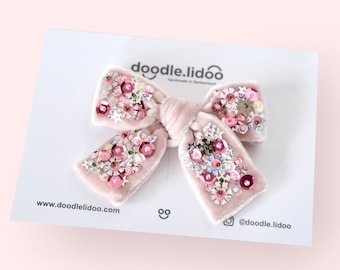 Pink Velvet Hair Bow with Sequin - Flower Girl Hair Accessory