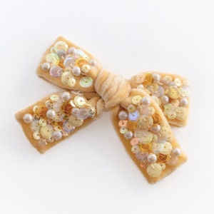Sequin and pearl hair bow in yellow Summer silk velvet bow Special occasion hair accessory for girls image 1