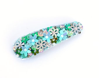 Floral Hair Snap Clip Covered with Velvet and Sequin - Hair Accessory for Special Event - Suitable for Kids and Adults
