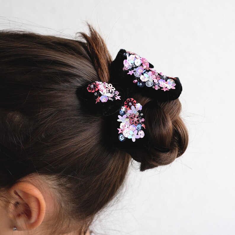 Velvet Hair Bow in Blue Baby Bow Headband Sequin Hair Bow Pigtail Bow Set