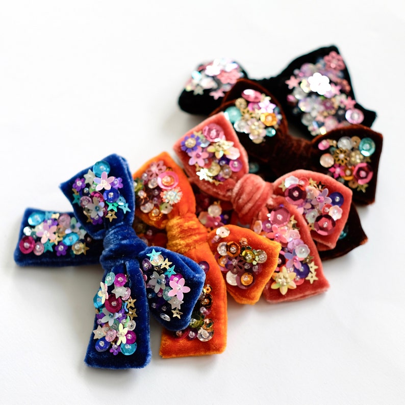 Velvet Hair Bow in Blue Baby Bow Headband Sequin Hair Bow Pigtail Bow Set
