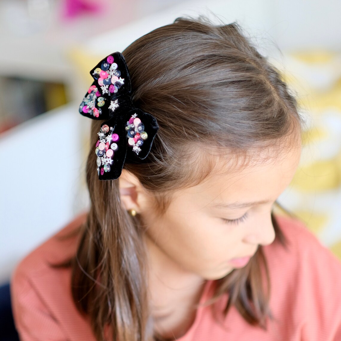 Black Velvet Hair Bow With Sequin Sparkly Hair Bow for Girls Etsy