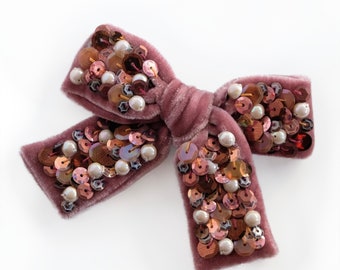 Cinnamon brown hair bow with pearls and sequins - Embellished velvet hair bow for girls - Statement Bow