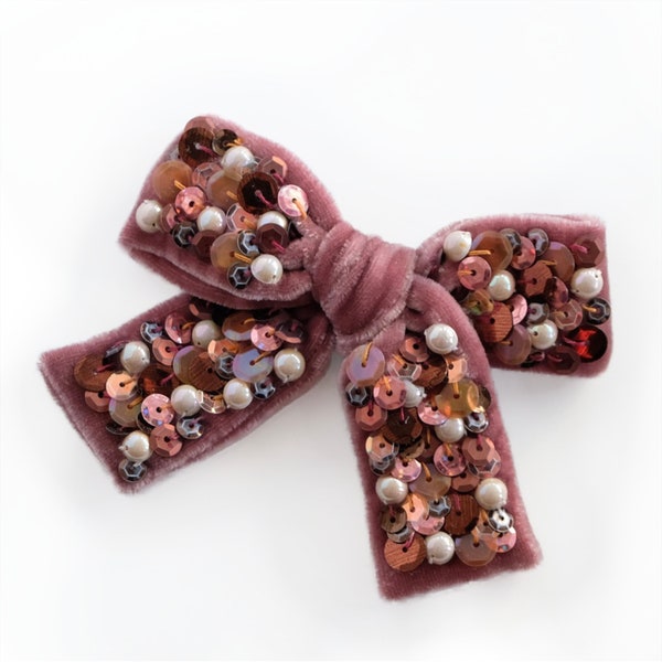 Cinnamon brown hair bow with pearls and sequins - Embellished velvet hair bow for girls - Statement Bow