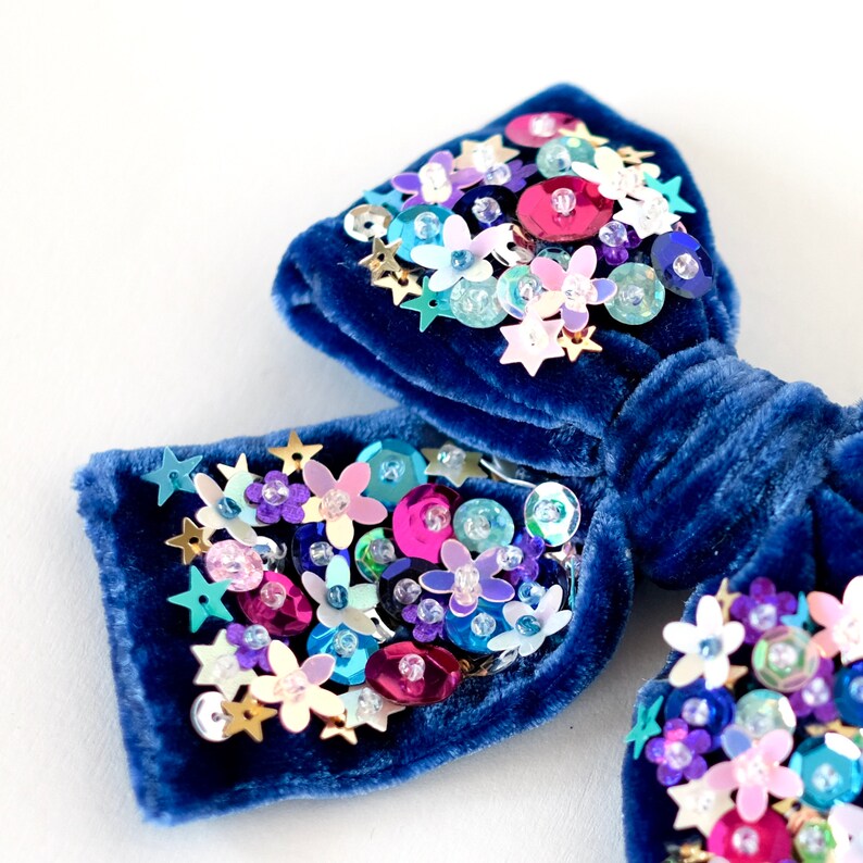 Velvet Hair Bow in Blue Baby Bow Headband Sequin Hair Bow Pigtail Bow Set