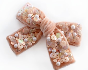 Velvet hair bow with sequins and pearls - Peach color bow clip - Handmade statement bow