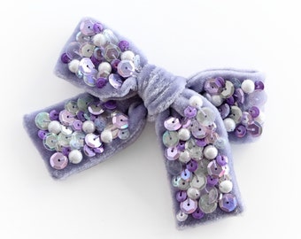 Lavender velvet hair bow with sequins and pearls - Bow hair clip for girls in different sizes - Heirloom gift for baby girls