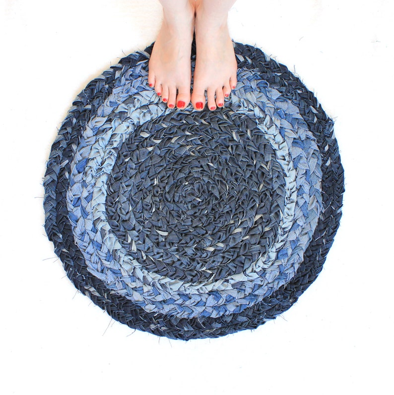 Braided blue denim rug . Home round mat . Recycled denim Etsy