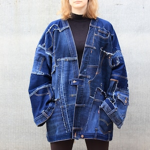 Dark Blue Denim Patchwork Kimono for Man and Woman. Grunge Streetwear Clothing. Jeans Unisex Jacket. Many Pockets