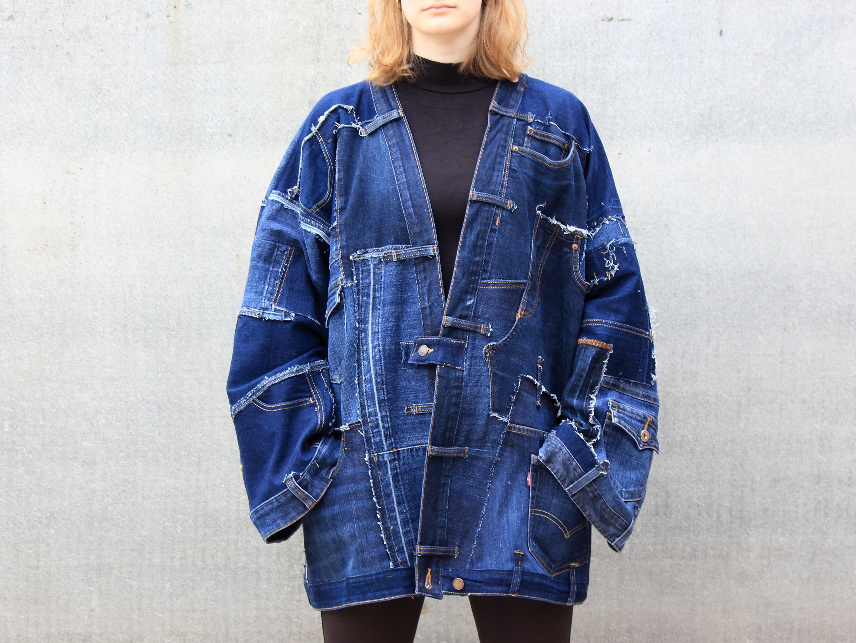 Denim Patchwork Kimono Jacket | Unisex Grunge Streetwear Coat