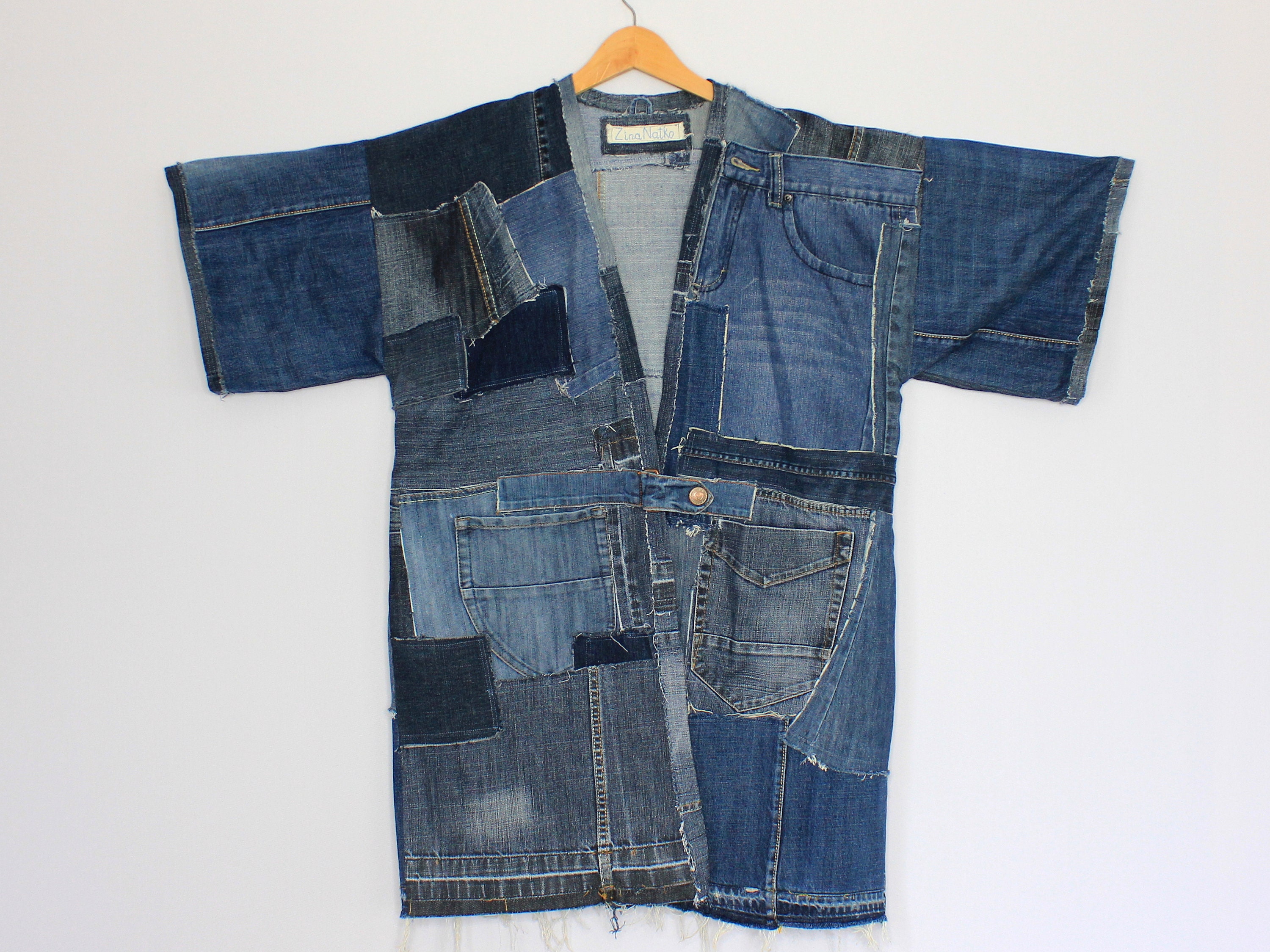 Denim Patchwork Kimono Long Jeans Jacket Oversize Jean Coat | Etsy
