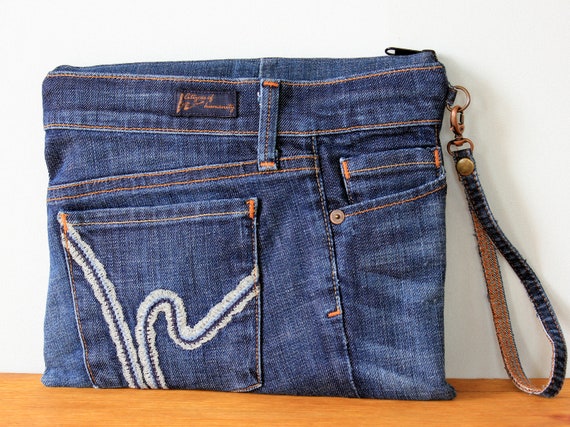 Vintage boro denim clutch bag, Blue clutch of distressed jeans, Casual jean  bag
