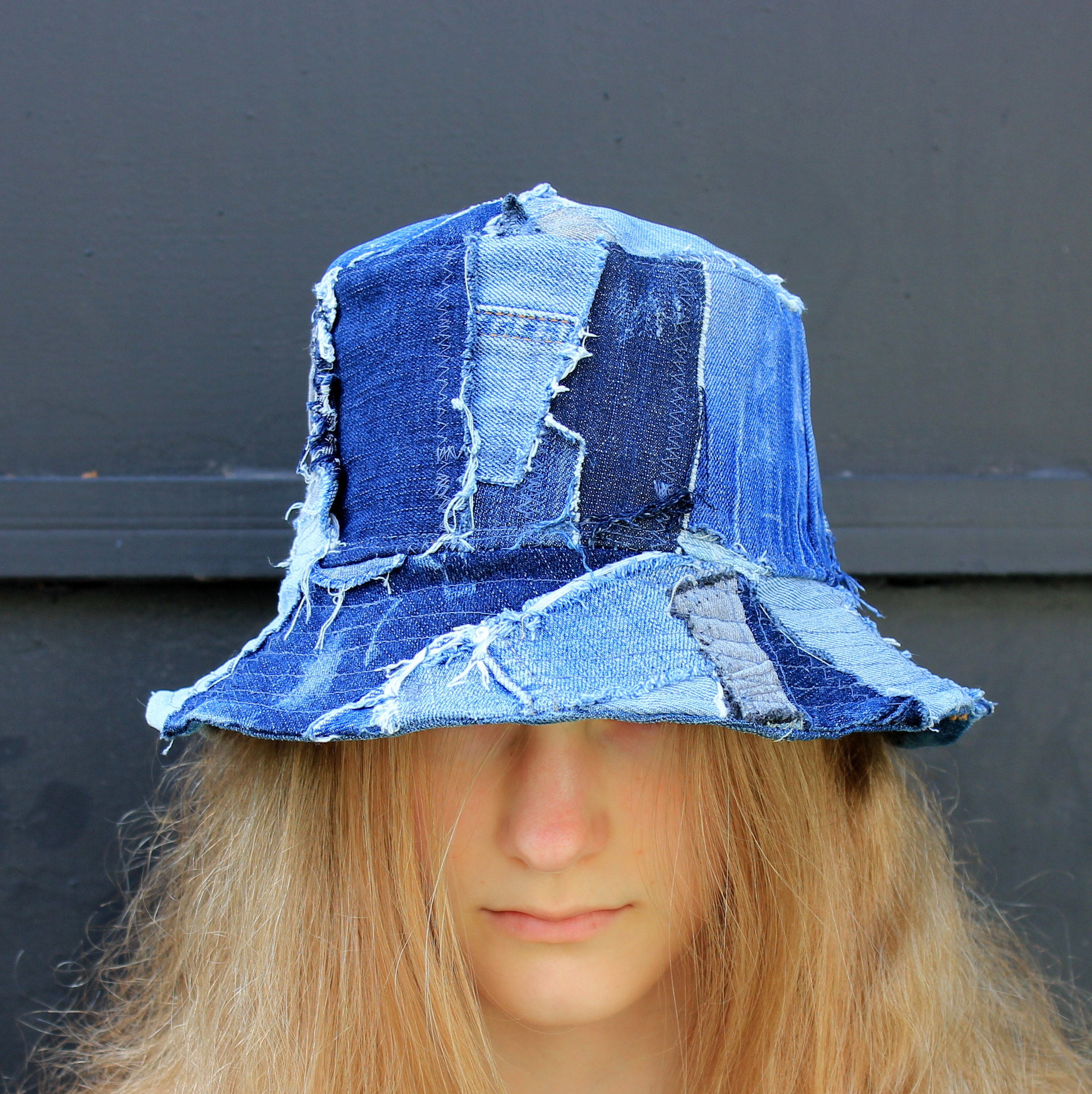 Ripped Jeans Bucket Hat. Patchwork Denim Hat. Distressed Denim 