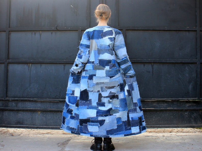 Long Patchwork Denim Coat Shades of Blue Jeans Overcoat Maxi - Etsy