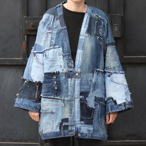 Denim patchwork kimono for man and woman. Grunge streetwear clothing. Jeans unisex jacket. Many pockets.