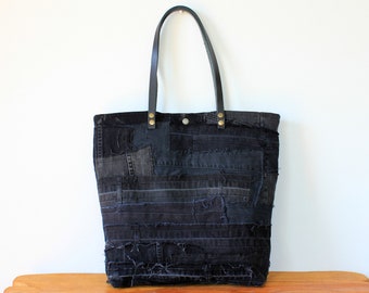 Patchwork black Boro shoulder tote bag, Everyday ripped denim handbag, Hipster style jeans bag