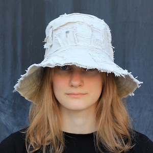 White patchwork denim  bucket hat 23.5&quot; - 60 cm, Hipster hippie jeans fedora hat, Trend denim festival look, White jeans accessory