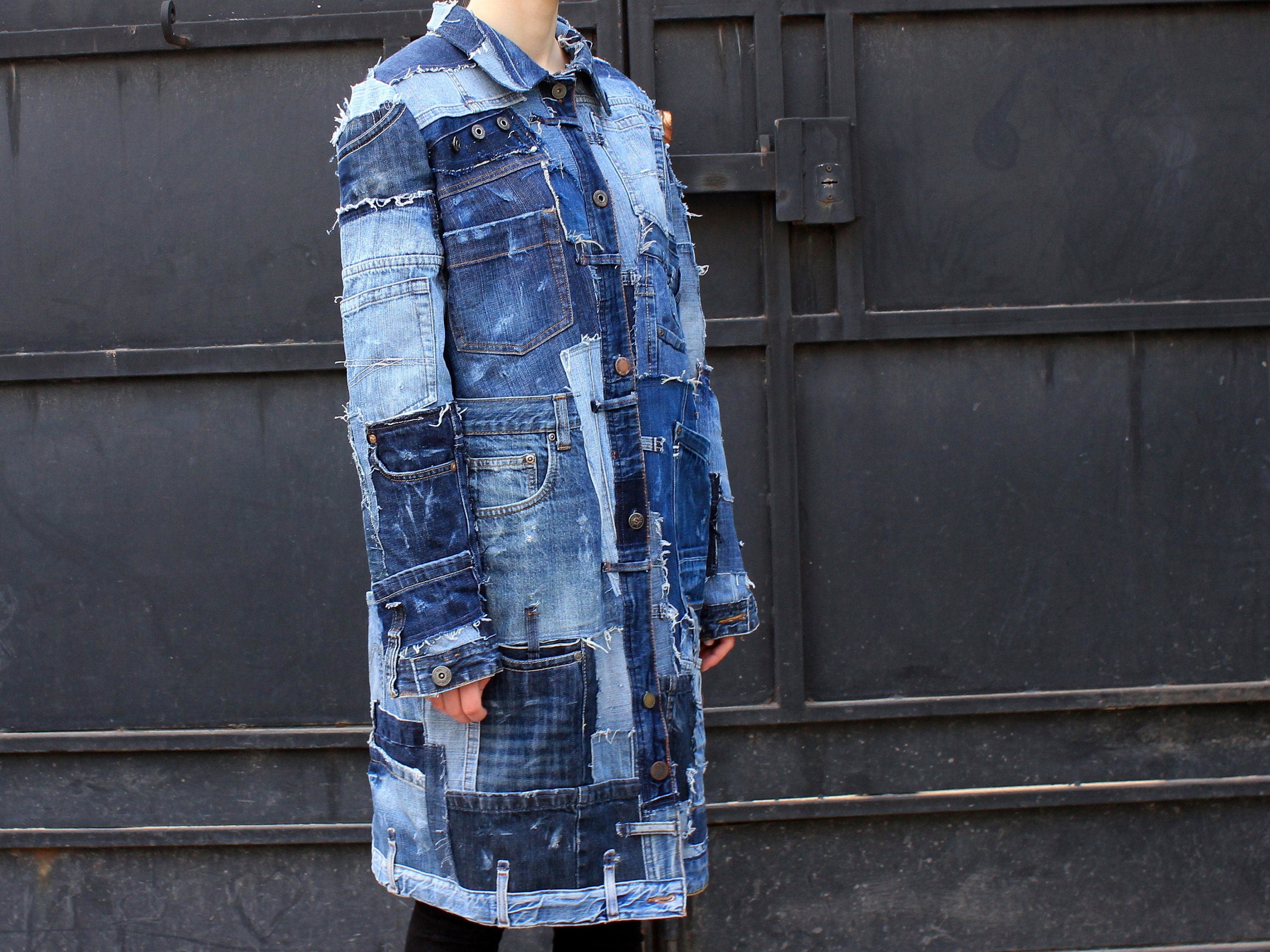 Long Patchwork Jeans Jacket Designer Art Denim Unisex Coat - Etsy Sweden