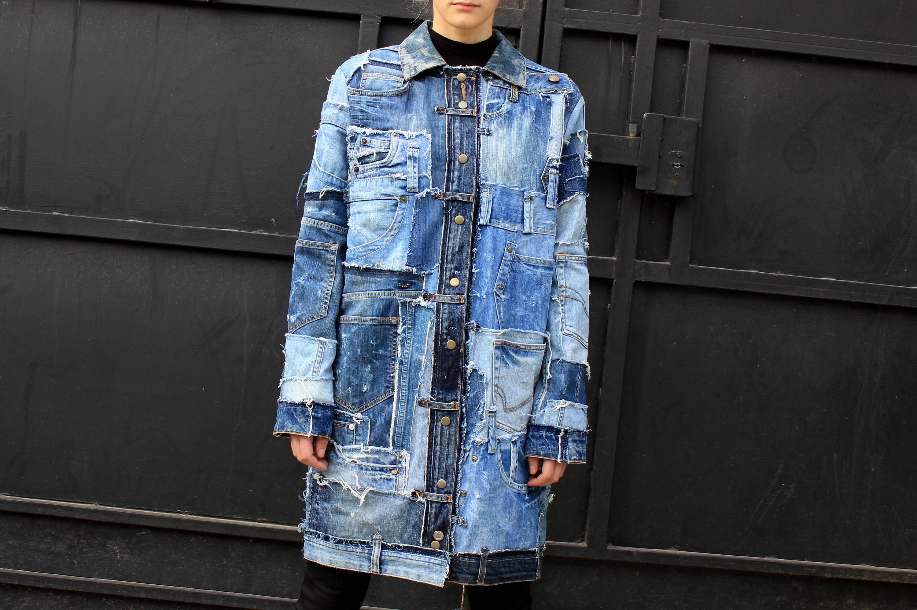 Long patchwork jeans jacket Designer art denim unisex coat | Etsy