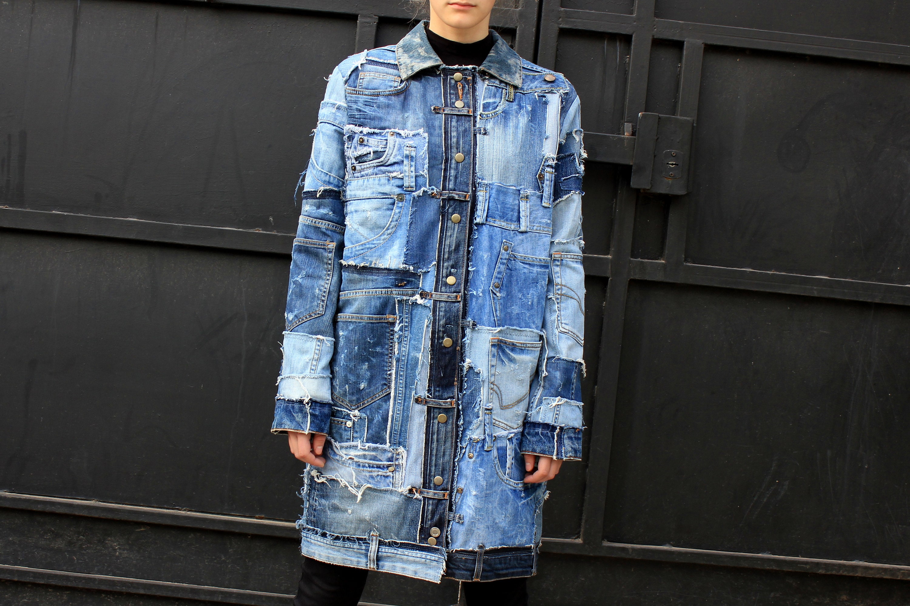 Long patchwork jeans jacket Designer art denim unisex coat Etsy